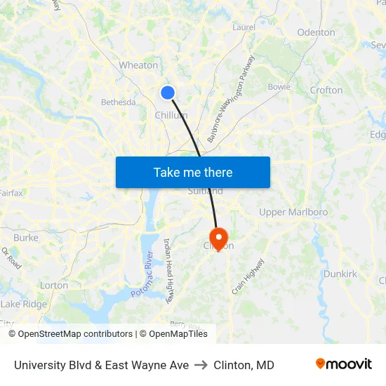 University Blvd & East Wayne Ave to Clinton, MD map