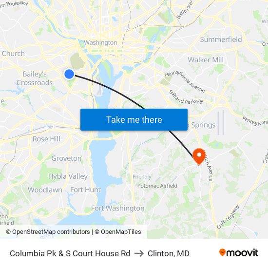 Columbia Pk & S Court House Rd to Clinton, MD map