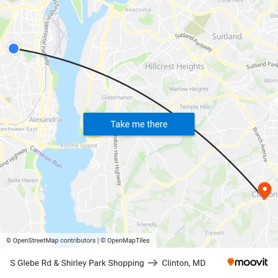 S Glebe Rd & Shirley Park Shopping to Clinton, MD map
