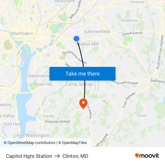 Capitol Hgts Station to Clinton, MD map