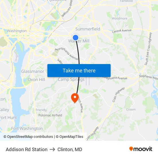 Addison Rd Station to Clinton, MD map