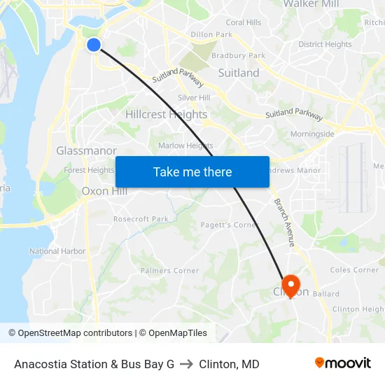 Anacostia Station & Bus Bay G to Clinton, MD map
