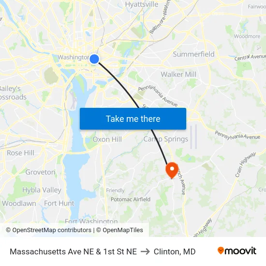 Massachusetts Ave NE & 1st St NE to Clinton, MD map