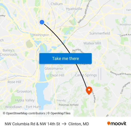 NW Columbia Rd & NW 14th St to Clinton, MD map