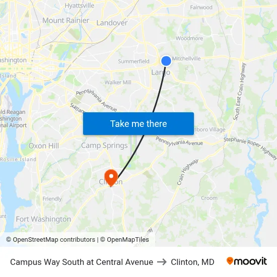 Campus Way South at Central Avenue to Clinton, MD map