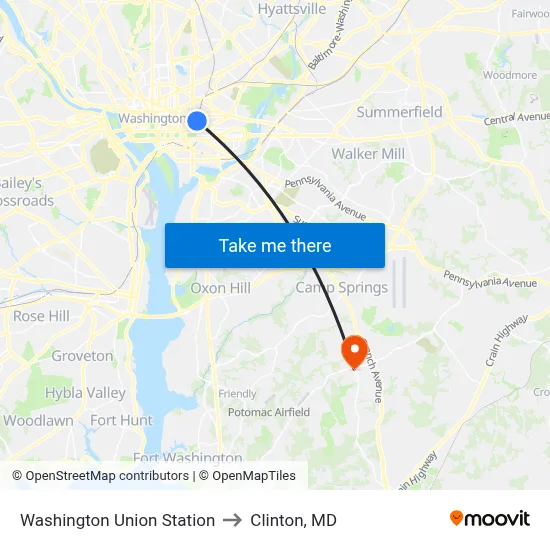 Washington Union Station to Clinton, MD map