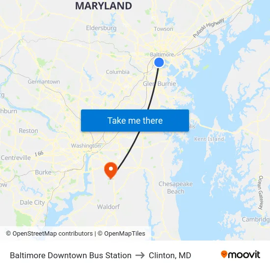 Baltimore Downtown Bus Station to Clinton, MD map