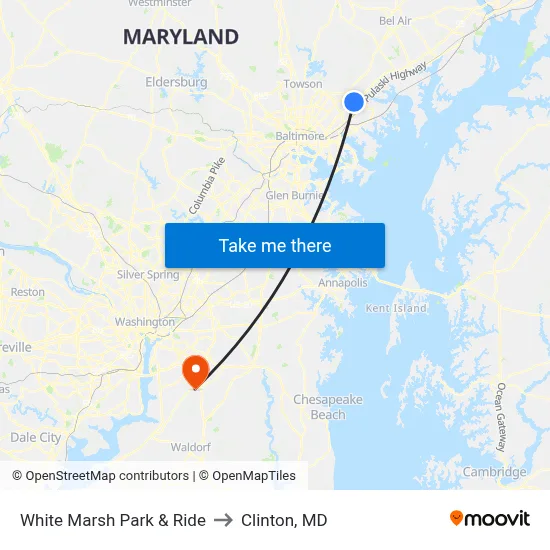 White Marsh Park & Ride to Clinton, MD map