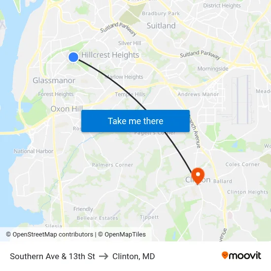 Southern Ave & 13th St to Clinton, MD map