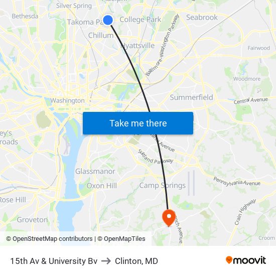 15th Av & University Bv to Clinton, MD map