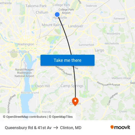 Queensbury Rd & 41st Av to Clinton, MD map