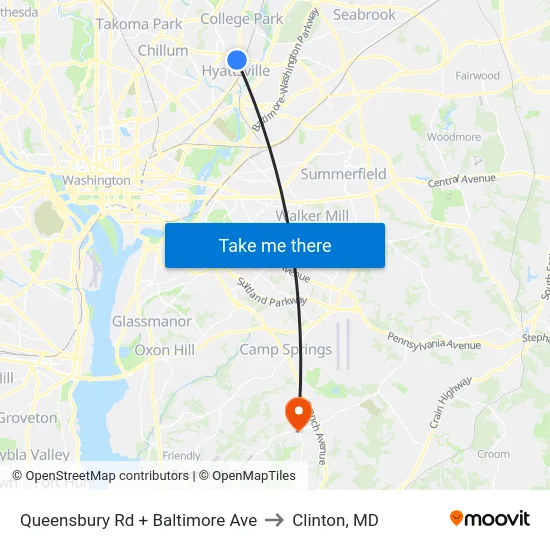 Queensbury Rd + Baltimore Ave to Clinton, MD map