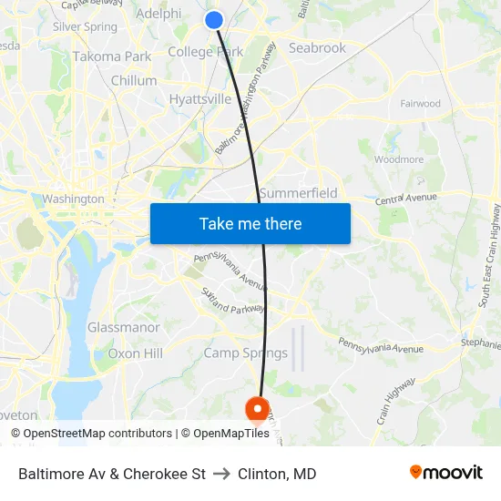 Baltimore Av & Cherokee St to Clinton, MD map