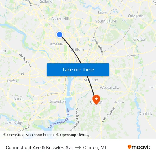 Connecticut Ave & Knowles Ave to Clinton, MD map
