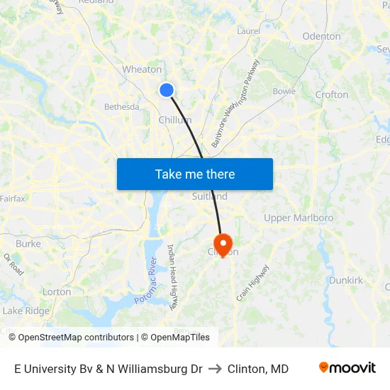 E University Bv & N Williamsburg Dr to Clinton, MD map