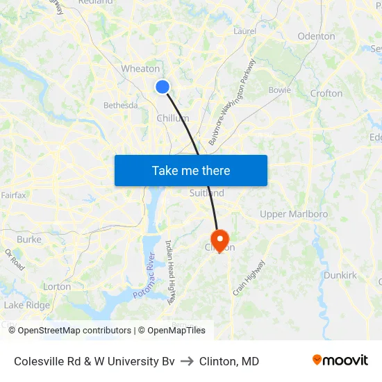 Colesville Rd & W University Bv to Clinton, MD map