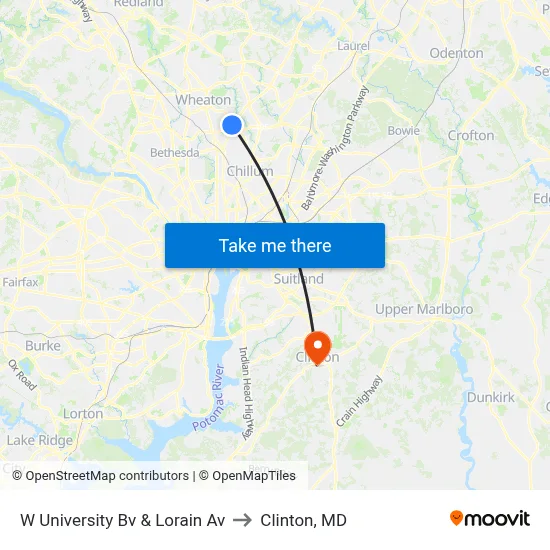 W University Bv & Lorain Av to Clinton, MD map