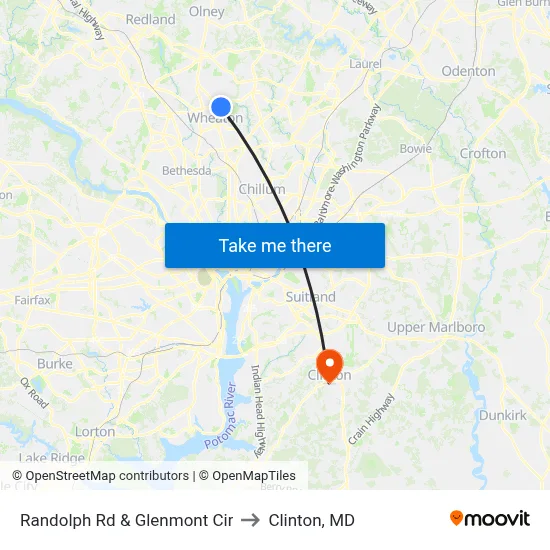 Randolph Rd & Glenmont Cir to Clinton, MD map