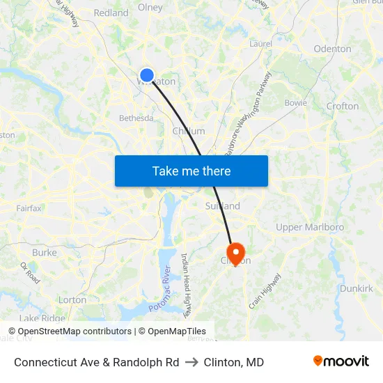 Connecticut Ave & Randolph Rd to Clinton, MD map