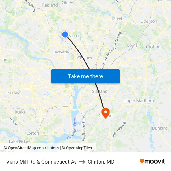 Veirs Mill Rd & Connecticut Av to Clinton, MD map