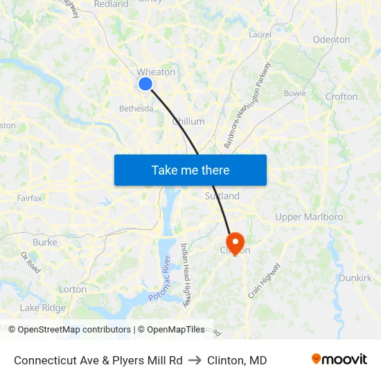 Connecticut Ave & Plyers Mill Rd to Clinton, MD map