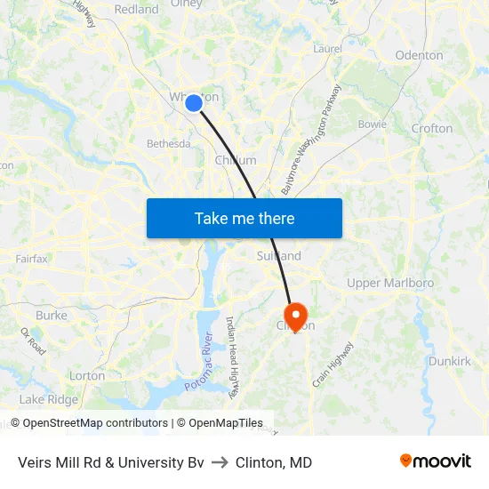 Veirs Mill Rd & University Bv to Clinton, MD map