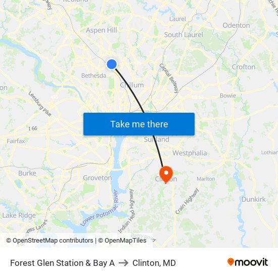 Forest Glen Station & Bay A to Clinton, MD map