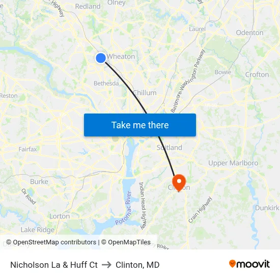Nicholson La & Huff Ct to Clinton, MD map