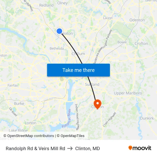 Randolph Rd & Veirs Mill Rd to Clinton, MD map