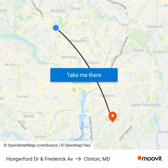 Hungerford Dr & Frederick Av to Clinton, MD map