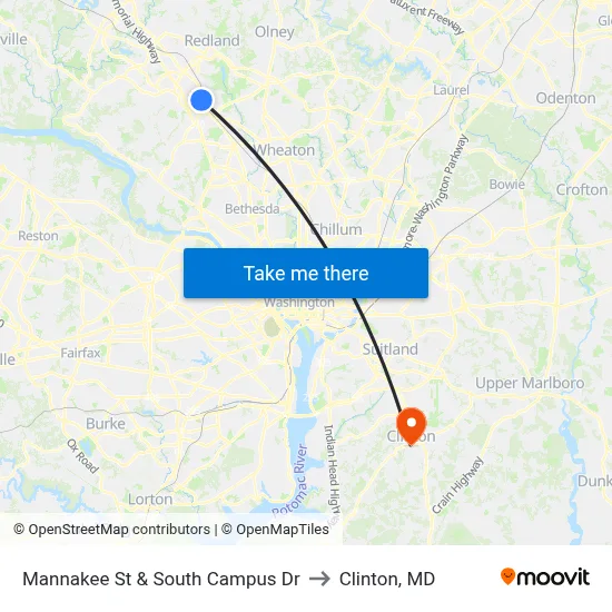 Mannakee St & South Campus Dr to Clinton, MD map