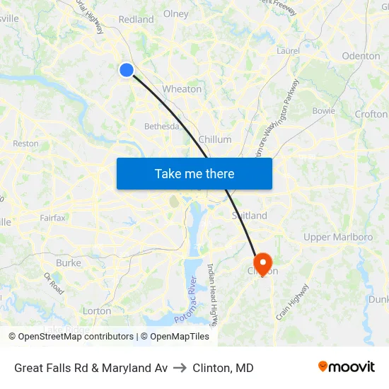 Great Falls Rd & Maryland Av to Clinton, MD map
