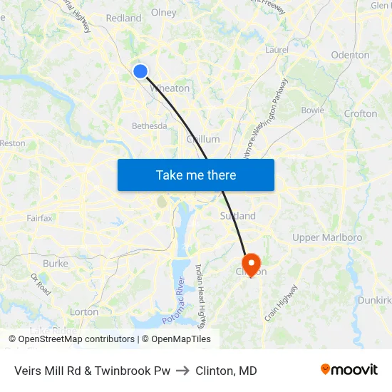 Veirs Mill Rd & Twinbrook Pw to Clinton, MD map