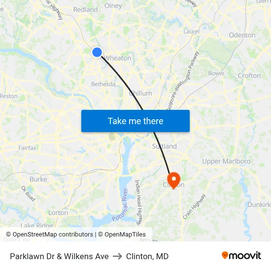 Parklawn Dr & Wilkens Ave to Clinton, MD map