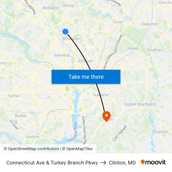 Connecticut Ave & Turkey Branch Pkwy to Clinton, MD map
