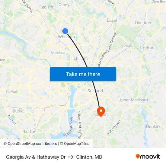 Georgia Av & Hathaway Dr to Clinton, MD map
