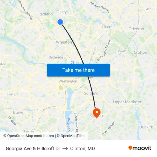 Georgia Ave & Hillcroft Dr to Clinton, MD map