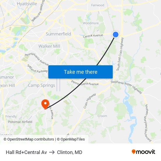 Hall Rd+Central Av to Clinton, MD map