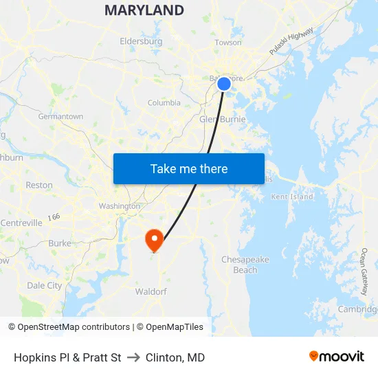 Hopkins Pl & Pratt St to Clinton, MD map