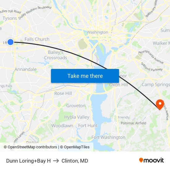 Dunn Loring+Bay H to Clinton, MD map