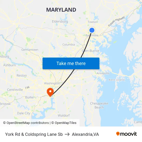 York Rd & Coldspring Lane Sb to Alexandria,VA map