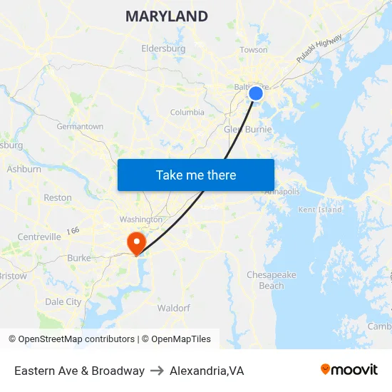 Eastern Ave & Broadway to Alexandria,VA map