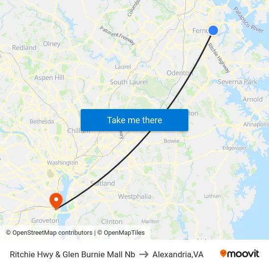 Ritchie Hwy & Glen Burnie Mall Nb to Alexandria,VA map