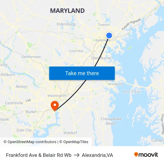 Frankford Ave & Belair Rd Wb to Alexandria,VA map