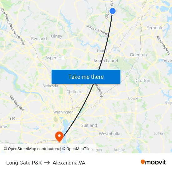 Long Gate P&R to Alexandria,VA map