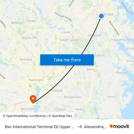 Bwi International Terminal Eb Upper Level to Alexandria,VA map