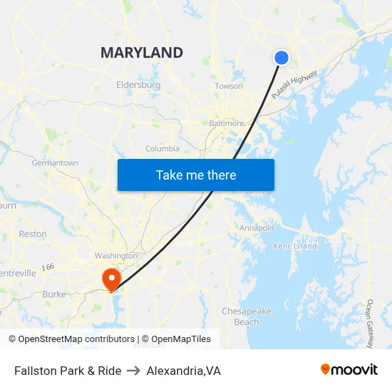 Fallston Park & Ride to Alexandria,VA map