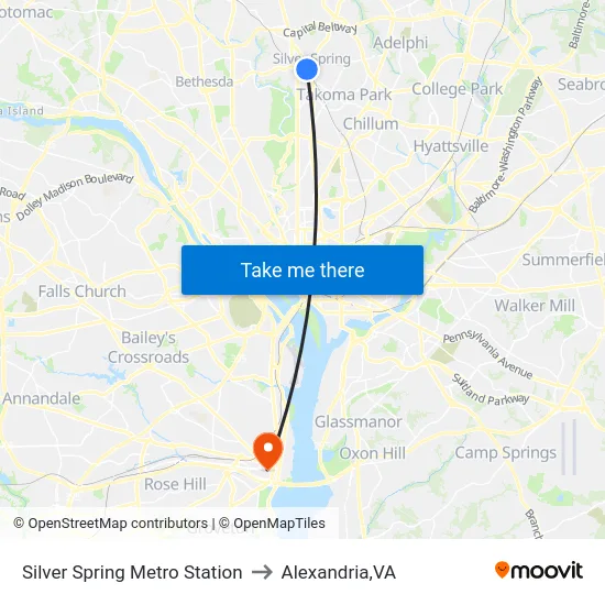 Silver Spring Metro Station to Alexandria,VA map