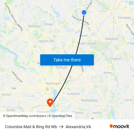 Columbia Mall & Ring Rd Wb to Alexandria,VA map