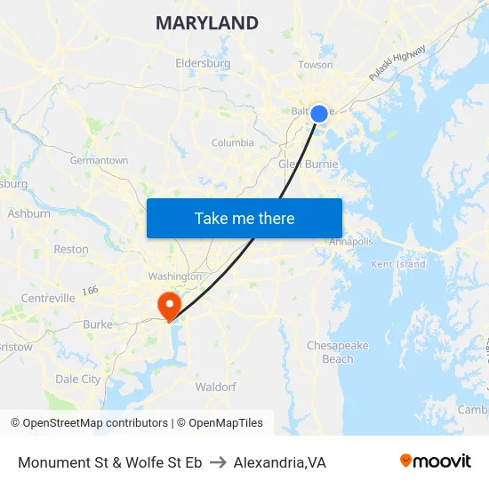 Monument St & Wolfe St Eb to Alexandria,VA map